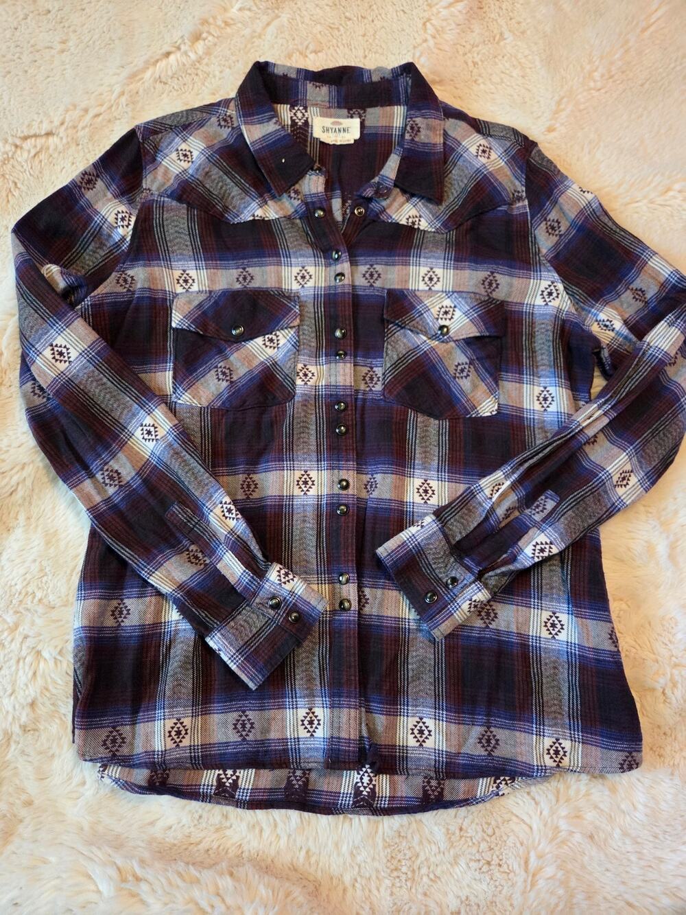Shyanne pearl snap Purple blue Plaid Aztec Long Sleeved Western Rodeo Shirt XL